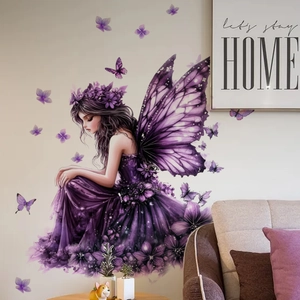 Purple butterfly fairy wall sticker for girls bedroom with various small butterflies