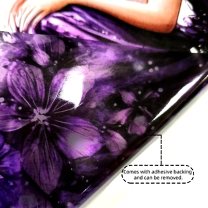 Detail of purple floral wall sticker with adhesive backing and removable vinyl material