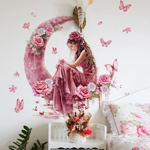 Whimsical watercolor girl on pink moon wall sticker with roses and butterflies for nursery