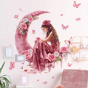 Dreamy watercolor girl and moon wall stickers set for bedroom decoration in pink hues