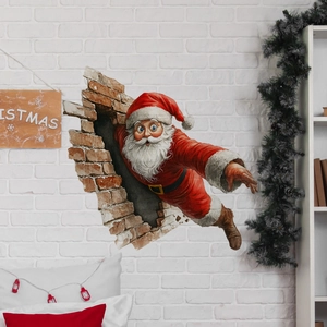 Creative 3D Christmas Santa Claus wall sticker with broken brick wall effect for home decor
