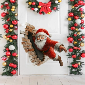 Detailed 3D Christmas wall sticker showing Santa Claus emerging from a cracked brick wall