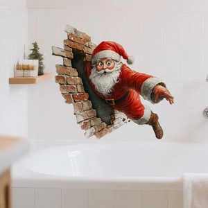 3D Christmas wall sticker of Santa Claus breaking through a red brick wall on a bathroom tile