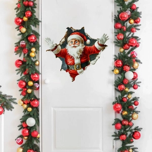 3D Santa Claus wall sticker emerging from cracked wall on a decorated white door