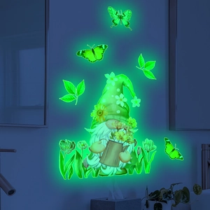 Luminous gnome wall sticker glowing in the dark with flowers and butterflies