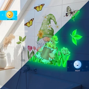 Luminous gnome and butterfly wall stickers shown in both daytime and night glowing effects
