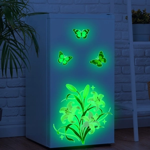 Glow in the dark wall stickers featuring green luminous butterflies and lily flowers