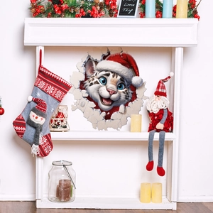 3D Christmas wall sticker featuring a cute white tiger cub breaking through the wall