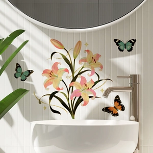 Detailed wall sticker featuring lilies and butterflies applied on a modern bathroom wall