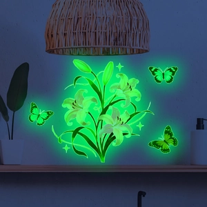Glow in the dark wall stickers featuring luminous green lilies and butterflies in home decor