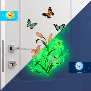 Glow-in-the-dark lily flowers and butterflies wall stickers showing day and night effect
