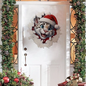 3D Christmas white tiger cub wall sticker on white door with festive green pine garland