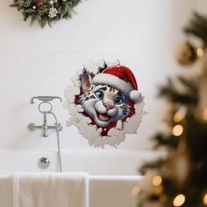 3D Christmas snow leopard wall sticker with festive wreath and bokeh effect bathroom decor
