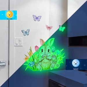 Detailed comparison of rabbit and butterfly wall stickers in daytime and night glow effects