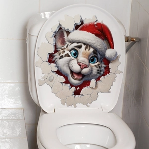 3D Christmas cartoon tiger wall sticker with holiday hat on a bathroom toilet lid