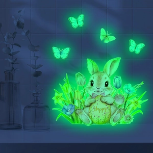 Luminous Easter bunny and floral wall stickers glowing bright green in the dark