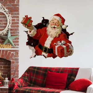 3D Santa Claus wall sticker showing a creative breakthrough effect for Christmas decor