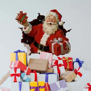 3D view of Santa Claus breaking through a wall holding festive Christmas gift boxes