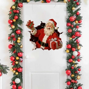 Detailed 3D Santa Claus wall sticker showing a joyful Santa holding gift boxes on a white door