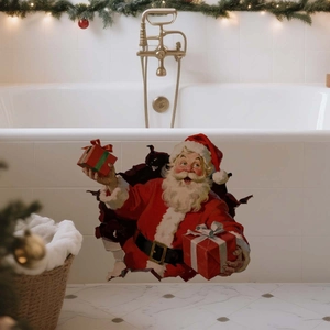 3D Santa Claus wall sticker showing realistic pop-out effect on a bathtub surface