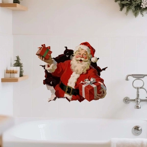 3D Christmas Santa Claus wall sticker showing festive gift delivery on bathroom tiles