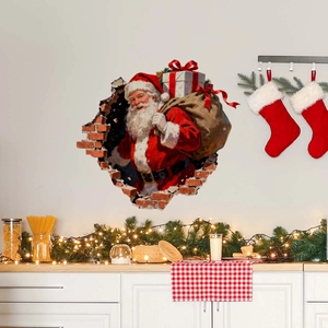 3D Christmas wall sticker featuring Santa Claus coming through a broken red brick wall