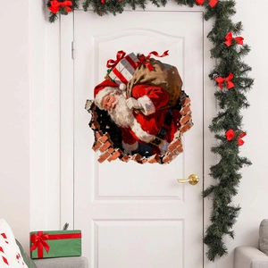 3D Santa Claus wall sticker showing realistic figure emerging from a brick wall gap
