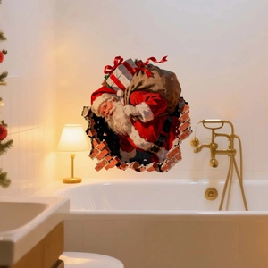 3D Christmas wall sticker of Santa Claus breaking through a brick wall with a gift sack