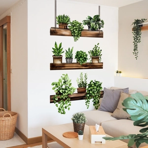 Watercolor potted plants wall decal on wooden shelf design for living room decor