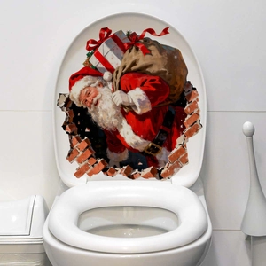 3D Santa Claus wall sticker showing character with gift sack through broken brick wall