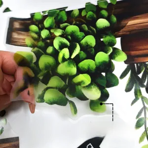Close-up of thin flexible adhesive green plant wall sticker being peeled from backing
