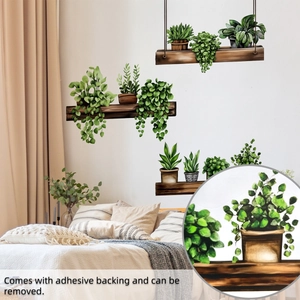 Detailed view of self-adhesive wall stickers with green potted plants on wooden shelves