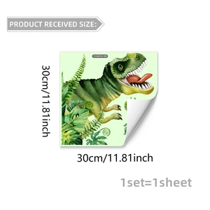 Detail of glow-in-the-dark dinosaur wall sticker showing dimensions and self-adhesive backing
