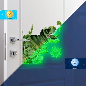 Detailed comparison of dinosaur wall stickers in daytime and nighttime glowing effects