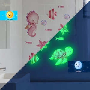 Luminous marine animal wall stickers showing daytime color and nighttime green glow effect