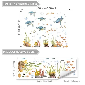 Stickers muraux tortue de mer aquarelle avec coraux et bulles pour déco intérieure