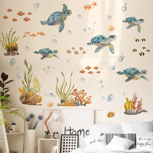 Stickers muraux tortue de mer aquarelle et poissons tropicaux pour décor océanique