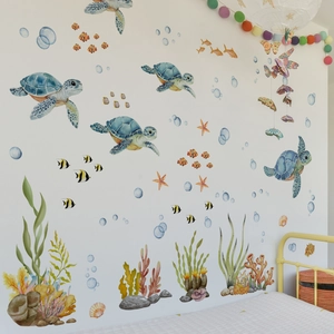 Stickers muraux tortue marine avec poissons tropicaux et corail pour chambre enfant