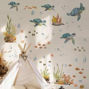 Stickers muraux tortue de mer aquarelle pour chambre d'enfant avec poissons et corail