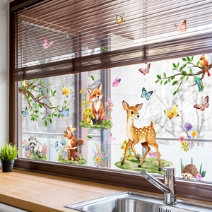 Forest animals window stickers with fox and deer in watercolor style for home decoration