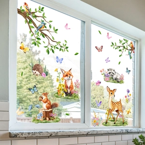 Watercolor forest animal static window stickers featuring deer and fox for home decor