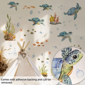 Vue détaillée des stickers muraux tortue et corail aquarelle dans une chambre enfant