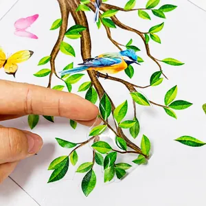 Detail of static window sticker showing double-sided colorful bird and branch patterns