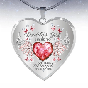 Collana commemorativa a cuore con gemma rossa, ali d'angelo e incisione per papà