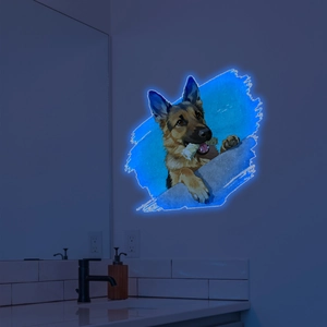 Luminous German Shepherd wall sticker with blue neon glow effect for home decoration