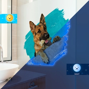 German Shepherd glow in the dark wall sticker showing daytime and nighttime luminescent effects