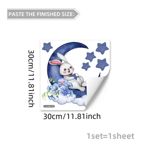 Detailed sheet view of rabbit and moon cartoon wall sticker measuring 30x30cm