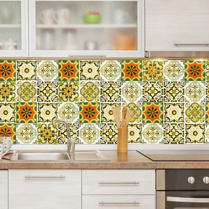Mandala Tile Stickers Golden Raised Texture Waterproof PVC Self Adhesive Wall Decals For Kitchen Bathroom Home Decor Retro