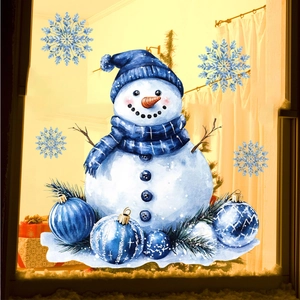 Detailed view of watercolor snowman window sticker with blue snowflakes and festive ornaments