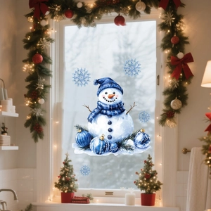 Detail of Christmas snowman window stickers with snowflakes and blue ornaments
